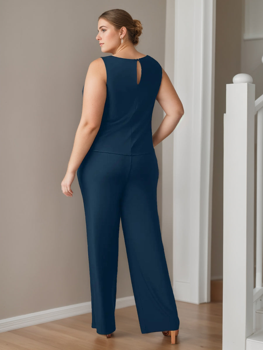 Mousseline 3 Morceaux Scoop Neck 3/4 Length Sleeves La Longueur du Sol Plus TailleTailleurs-pantalons pour mère de la mariée avec veste & Les Poches