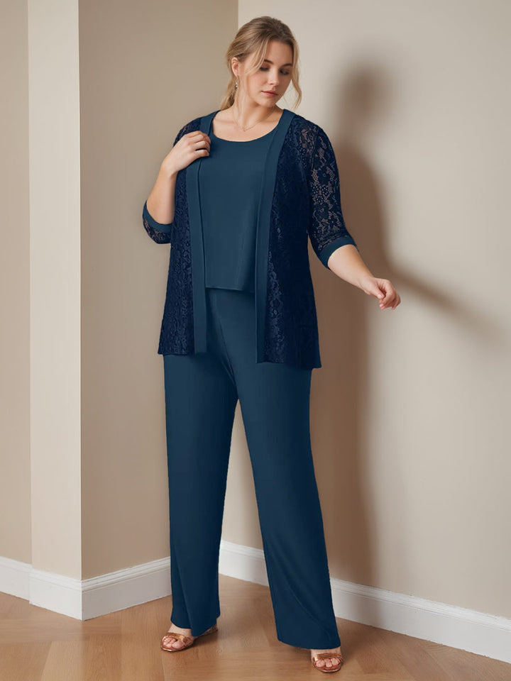 Mousseline 3 Morceaux Scoop Neck 3/4 Length Sleeves La Longueur du Sol Plus TailleTailleurs-pantalons pour mère de la mariée avec veste & Les Poches