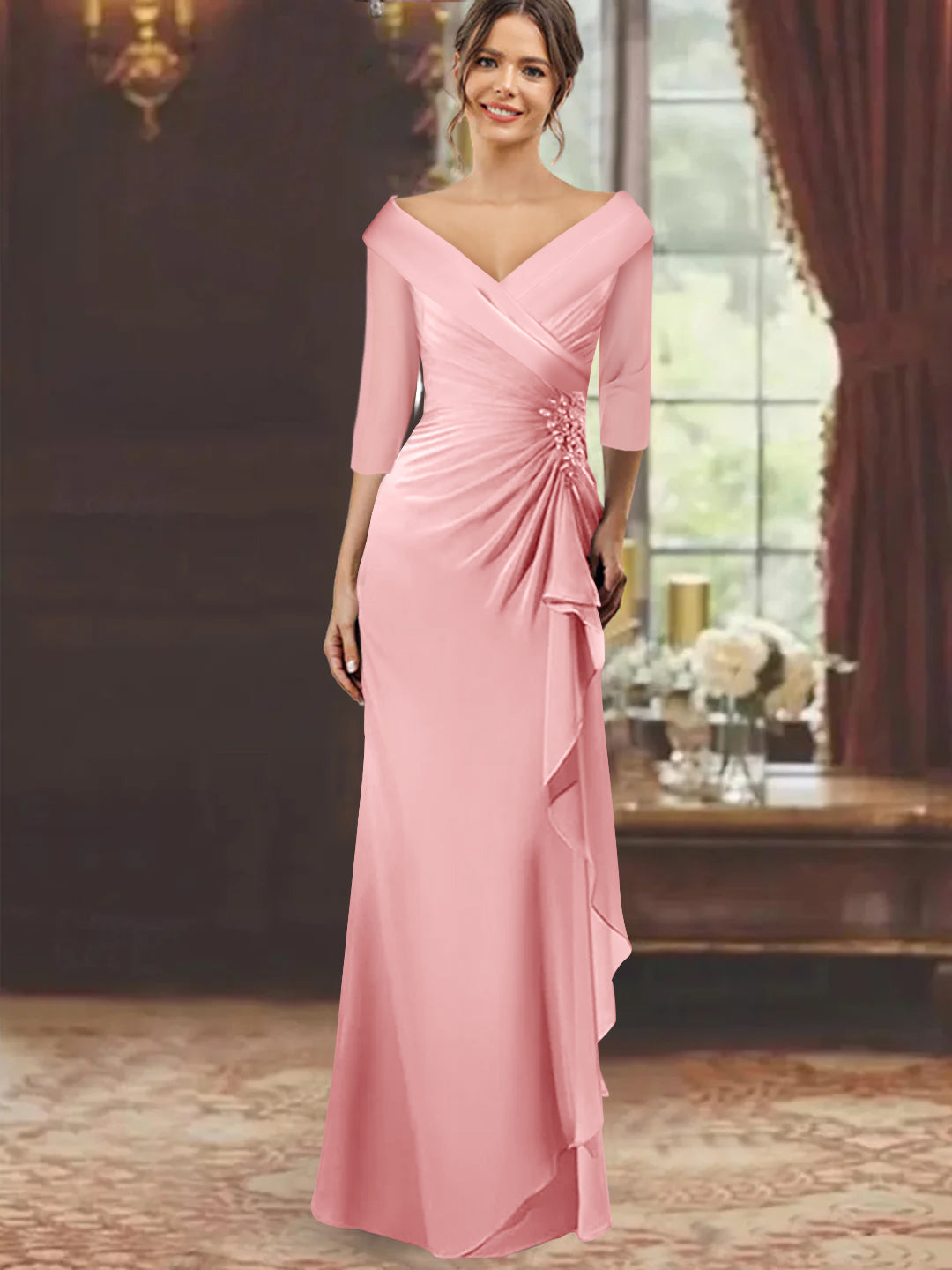 Robe de Mère de la Mariée Fourreau/Colonne à Col en V et Manches Mi-Longues avec Volants et Appliqués