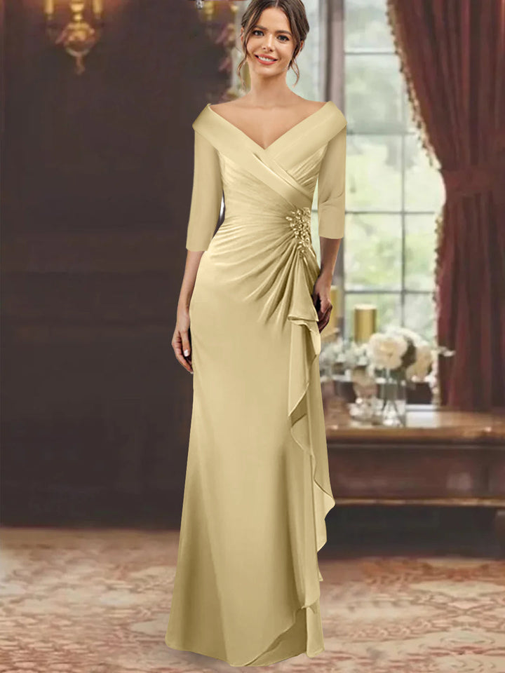 Robe de Mère de la Mariée Fourreau/Colonne à Col en V et Manches Mi-Longues avec Volants et Appliqués
