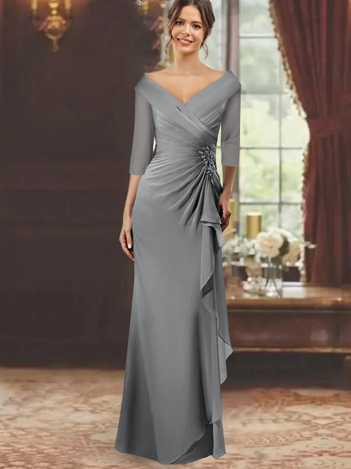 Robe de Mère de la Mariée Fourreau/Colonne à Col en V et Manches Mi-Longues avec Volants et Appliqués