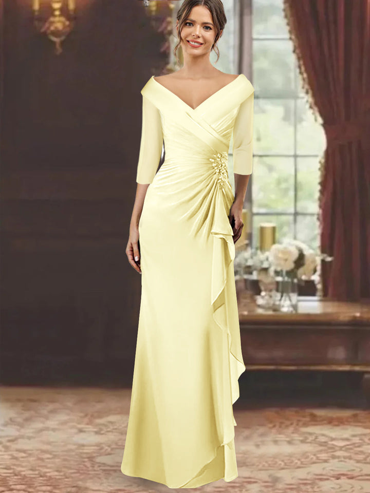 Robe de Mère de la Mariée Fourreau/Colonne à Col en V et Manches Mi-Longues avec Volants et Appliqués