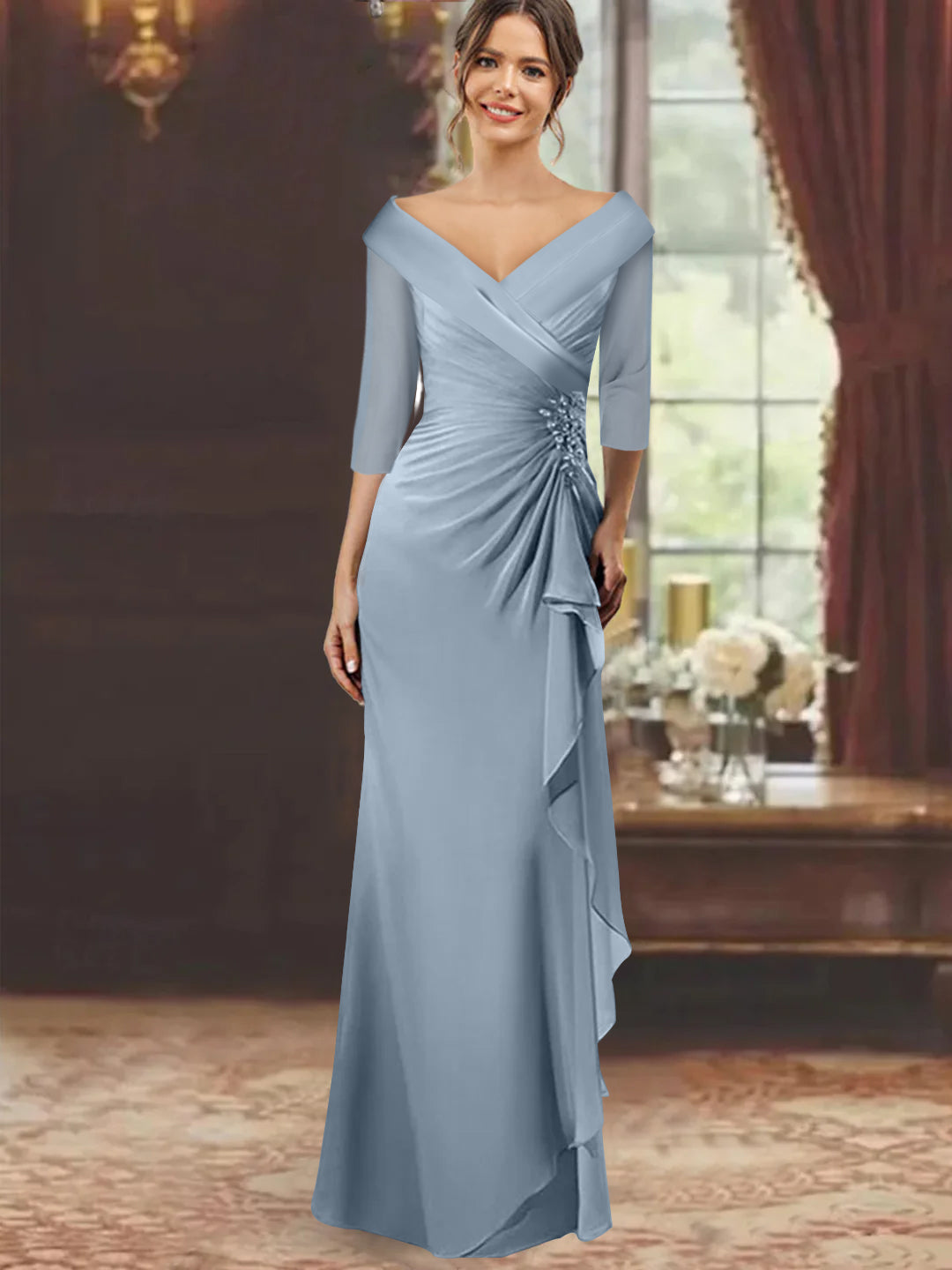 Robe de Mère de la Mariée Fourreau/Colonne à Col en V et Manches Mi-Longues avec Volants et Appliqués