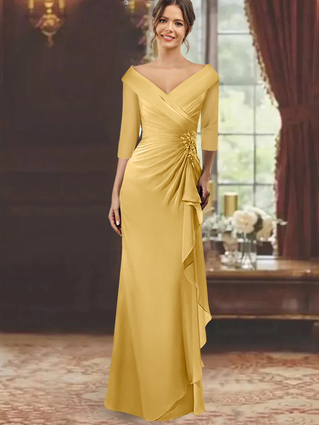 Robe de Mère de la Mariée Fourreau/Colonne à Col en V et Manches Mi-Longues avec Volants et Appliqués