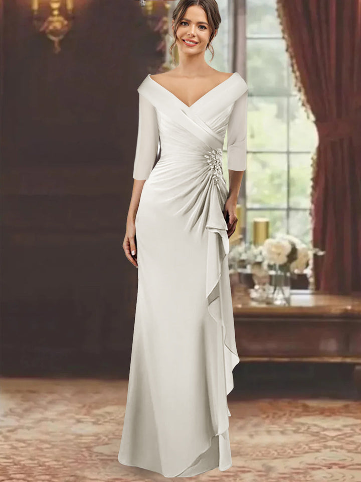 Robe de Mère de la Mariée Fourreau/Colonne à Col en V et Manches Mi-Longues avec Volants et Appliqués