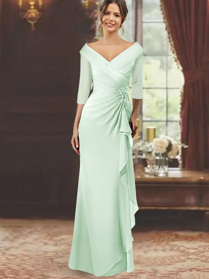 Robe de Mère de la Mariée Fourreau/Colonne à Col en V et Manches Mi-Longues avec Volants et Appliqués