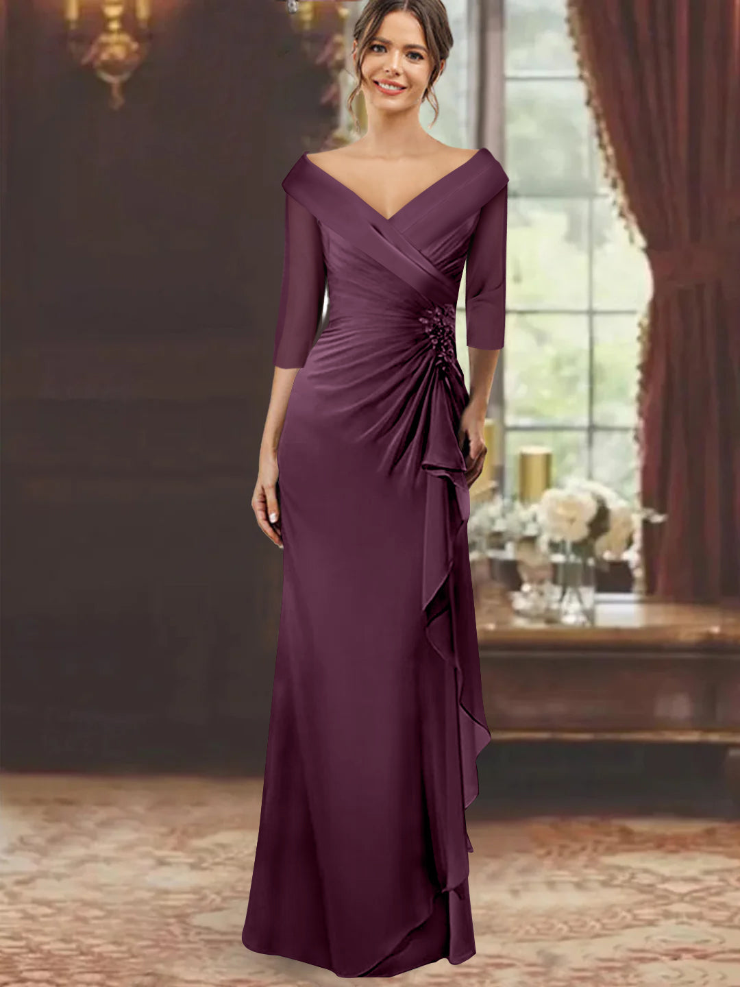 Robe de Mère de la Mariée Fourreau/Colonne à Col en V et Manches Mi-Longues avec Volants et Appliqués