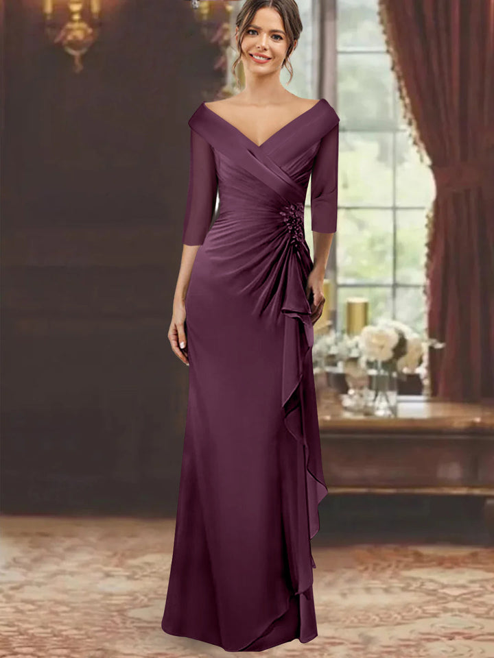 Robe de Mère de la Mariée Fourreau/Colonne à Col en V et Manches Mi-Longues avec Volants et Appliqués