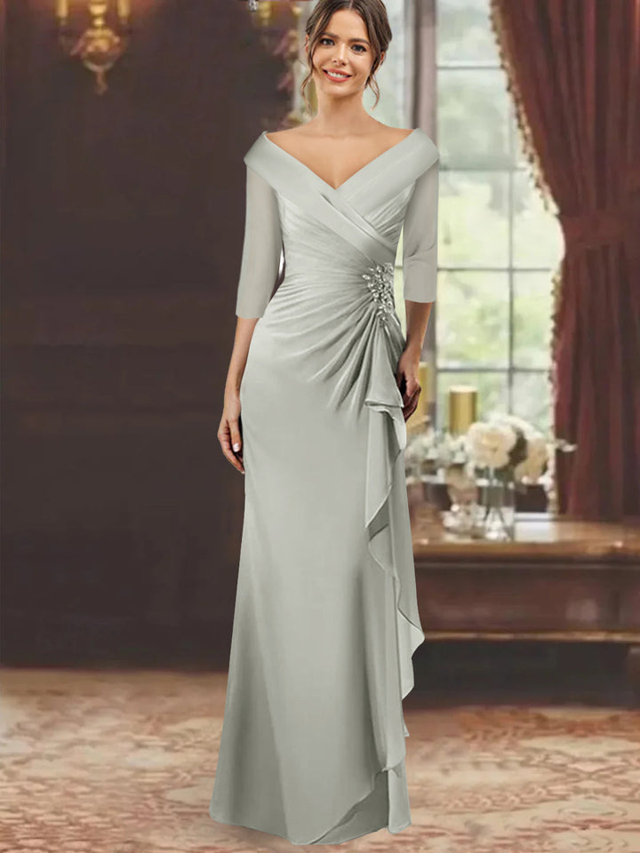 Robe de Mère de la Mariée Fourreau/Colonne à Col en V et Manches Mi-Longues avec Volants et Appliqués