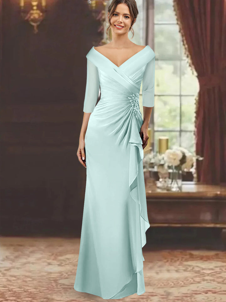 Robe de Mère de la Mariée Fourreau/Colonne à Col en V et Manches Mi-Longues avec Volants et Appliqués