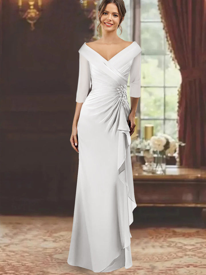 Robe de Mère de la Mariée Fourreau/Colonne à Col en V et Manches Mi-Longues avec Volants et Appliqués