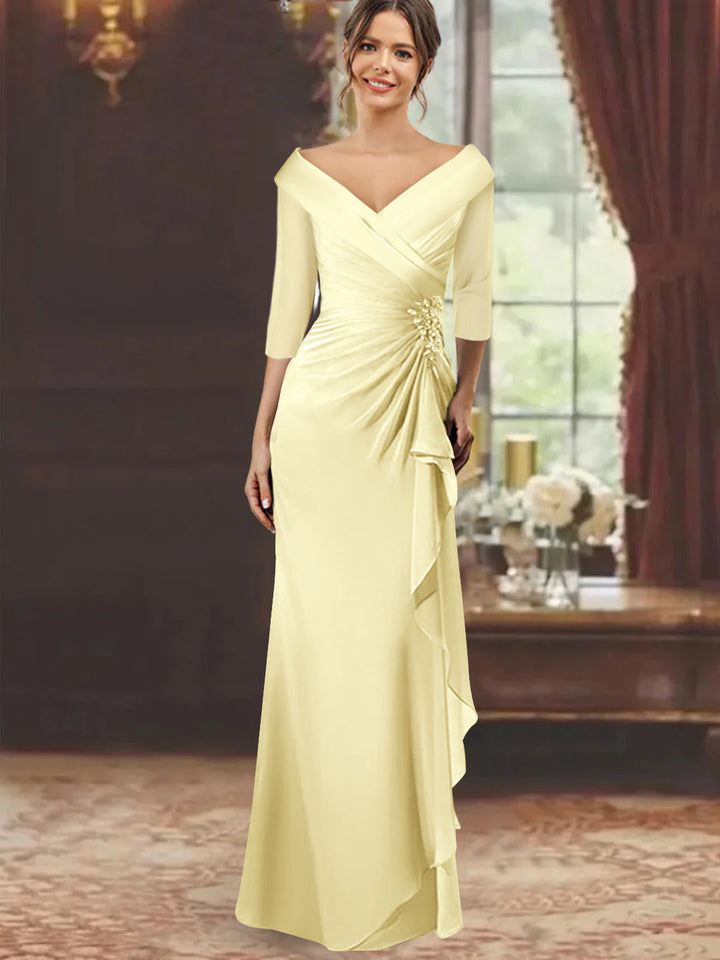 Robe de Mère de la Mariée Fourreau/Colonne à Col en V et Manches Mi-Longues avec Volants et Appliqués