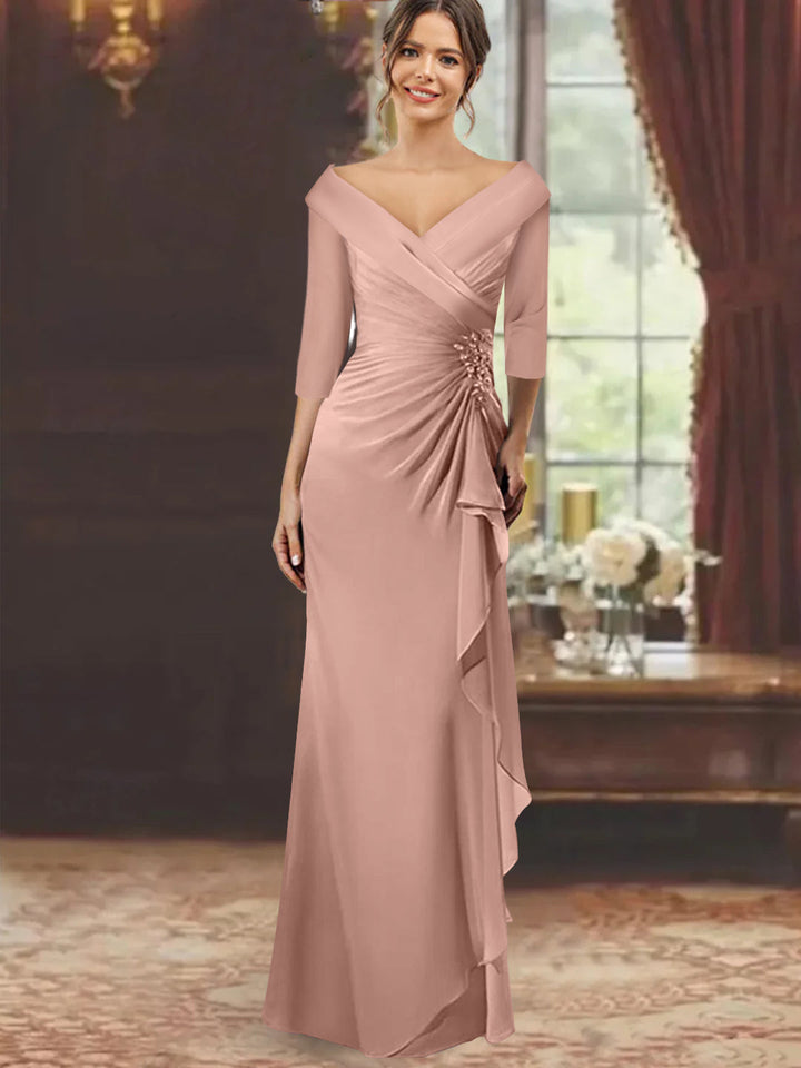 Robe de Mère de la Mariée Fourreau/Colonne à Col en V et Manches Mi-Longues avec Volants et Appliqués