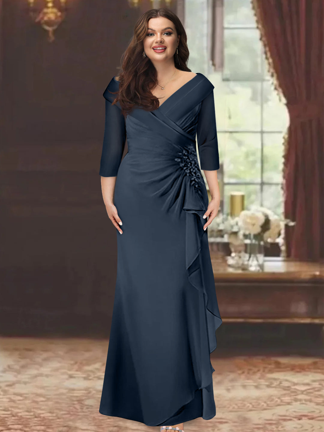 Robe de Mère de la Mariée Grande Taille à Col en V, Manches Mi-Longues, Coupe Fourreau/Colonne, avec Volants et Appliqués