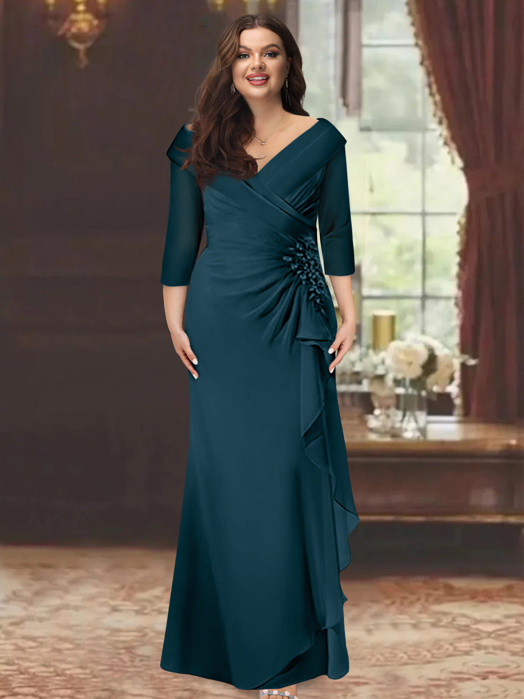 Robe de Mère de la Mariée Grande Taille à Col en V, Manches Mi-Longues, Coupe Fourreau/Colonne, avec Volants et Appliqués