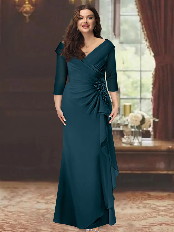 Robe de Mère de la Mariée Grande Taille à Col en V, Manches Mi-Longues, Coupe Fourreau/Colonne, avec Volants et Appliqués