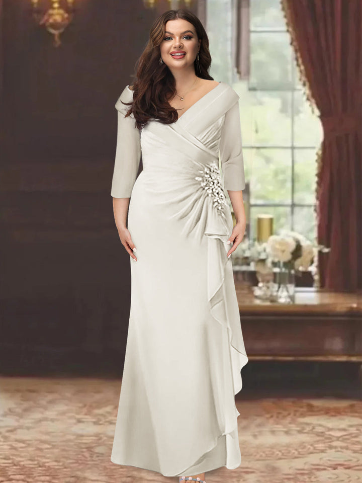 Robe de Mère de la Mariée Grande Taille à Col en V, Manches Mi-Longues, Coupe Fourreau/Colonne, avec Volants et Appliqués