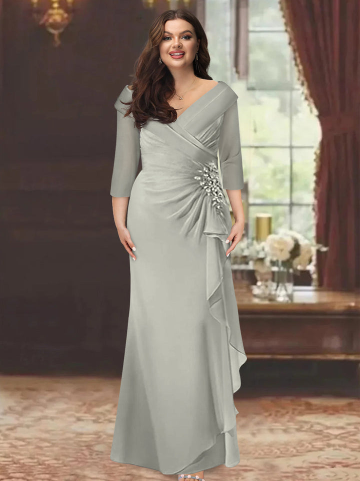 Robe de Mère de la Mariée Grande Taille à Col en V, Manches Mi-Longues, Coupe Fourreau/Colonne, avec Volants et Appliqués