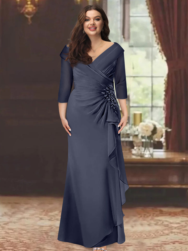 Robe de Mère de la Mariée Grande Taille à Col en V, Manches Mi-Longues, Coupe Fourreau/Colonne, avec Volants et Appliqués