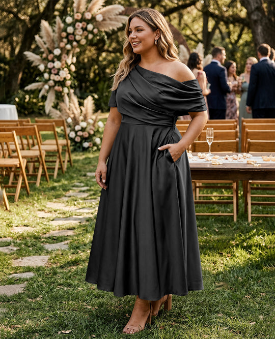 Robe de Mère de la Mariée Grande Taille, Coupe A-Line/Princess, Asymétrique, Manches Mi-Longues, Longueur Cheville, avec Volants