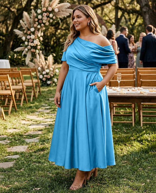 Robe de Mère de la Mariée Grande Taille, Coupe A-Line/Princess, Asymétrique, Manches Mi-Longues, Longueur Cheville, avec Volants