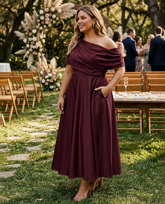 Robe de Mère de la Mariée Grande Taille, Coupe A-Line/Princess, Asymétrique, Manches Mi-Longues, Longueur Cheville, avec Volants