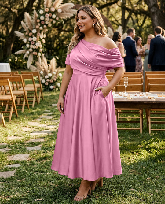 Robe de Mère de la Mariée Grande Taille, Coupe A-Line/Princess, Asymétrique, Manches Mi-Longues, Longueur Cheville, avec Volants