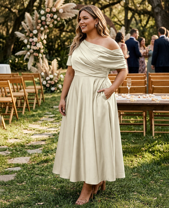 Robe de Mère de la Mariée Grande Taille, Coupe A-Line/Princess, Asymétrique, Manches Mi-Longues, Longueur Cheville, avec Volants