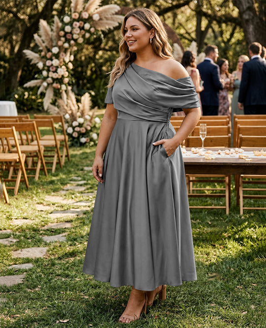 Robe de Mère de la Mariée Grande Taille, Coupe A-Line/Princess, Asymétrique, Manches Mi-Longues, Longueur Cheville, avec Volants