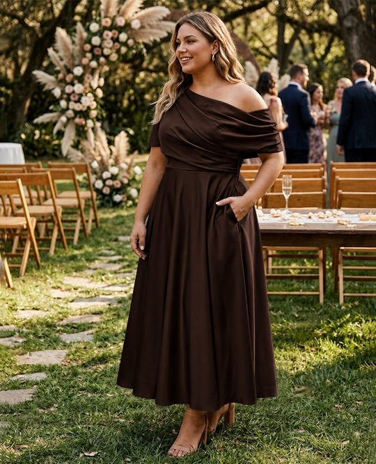 Robe de Mère de la Mariée Grande Taille, Coupe A-Line/Princess, Asymétrique, Manches Mi-Longues, Longueur Cheville, avec Volants