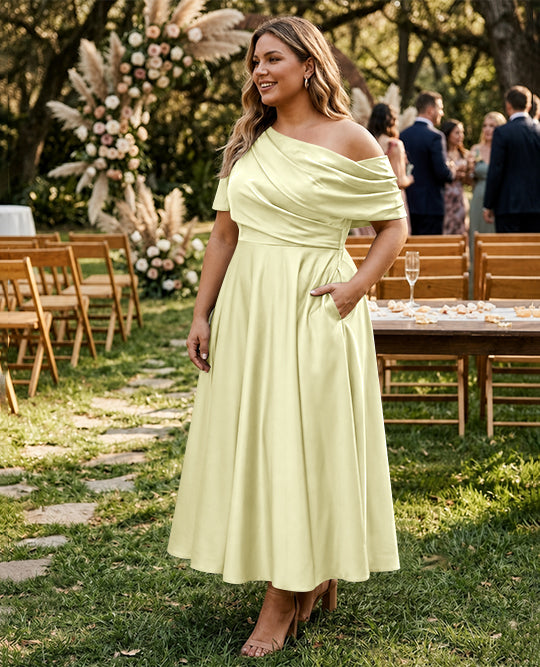 Robe de Mère de la Mariée Grande Taille, Coupe A-Line/Princess, Asymétrique, Manches Mi-Longues, Longueur Cheville, avec Volants