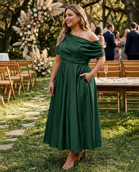 Robe de Mère de la Mariée Grande Taille, Coupe A-Line/Princess, Asymétrique, Manches Mi-Longues, Longueur Cheville, avec Volants