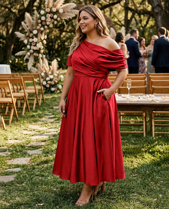 Robe de Mère de la Mariée Grande Taille, Coupe A-Line/Princess, Asymétrique, Manches Mi-Longues, Longueur Cheville, avec Volants