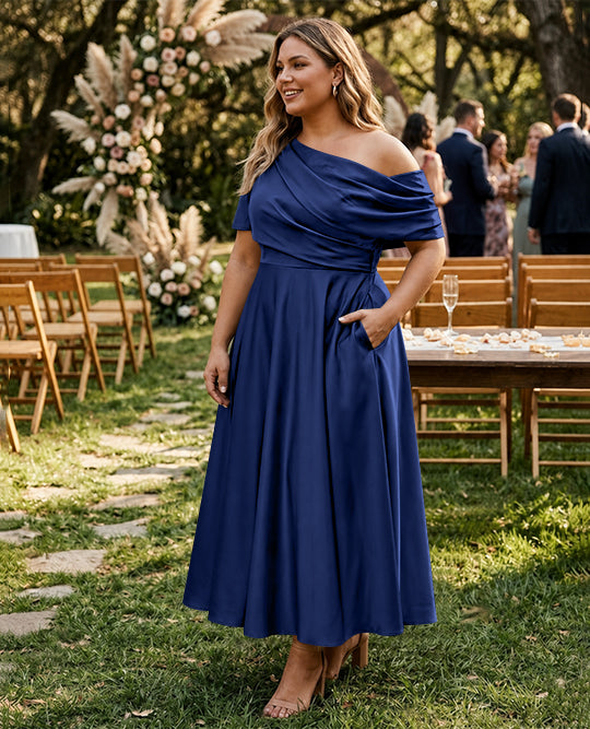 Robe de Mère de la Mariée Grande Taille, Coupe A-Line/Princess, Asymétrique, Manches Mi-Longues, Longueur Cheville, avec Volants