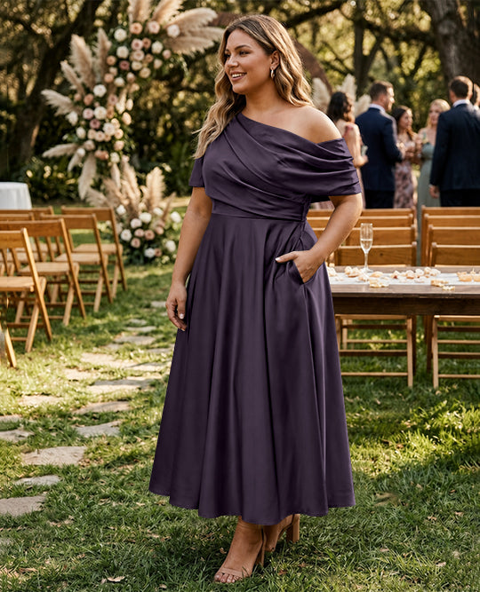 Robe de Mère de la Mariée Grande Taille, Coupe A-Line/Princess, Asymétrique, Manches Mi-Longues, Longueur Cheville, avec Volants