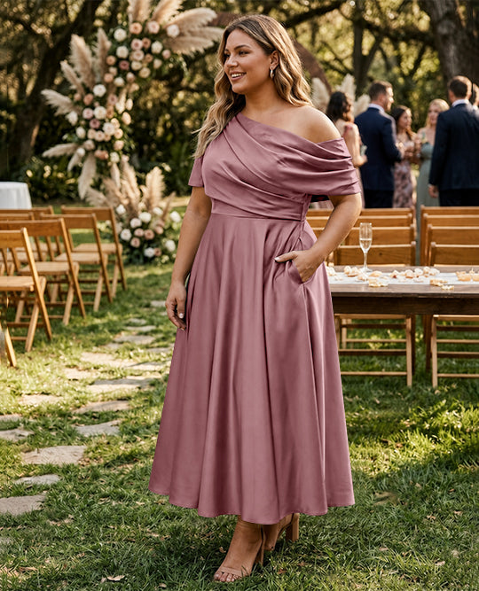 Robe de Mère de la Mariée Grande Taille, Coupe A-Line/Princess, Asymétrique, Manches Mi-Longues, Longueur Cheville, avec Volants