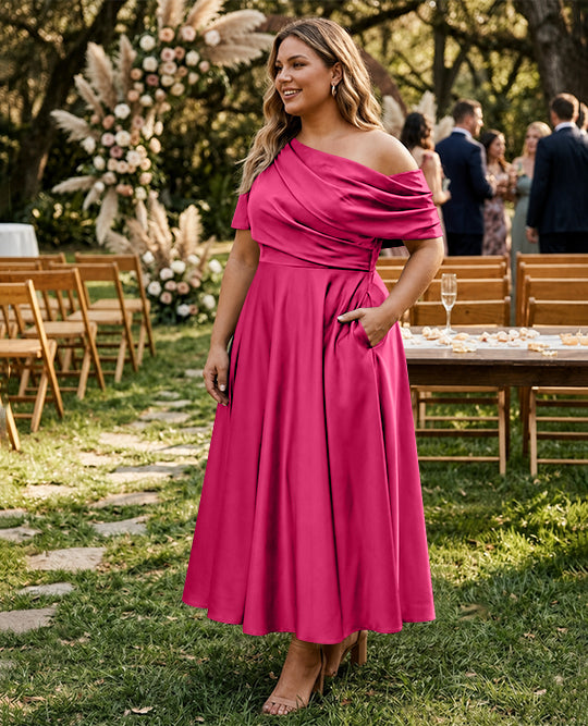 Robe de Mère de la Mariée Grande Taille, Coupe A-Line/Princess, Asymétrique, Manches Mi-Longues, Longueur Cheville, avec Volants