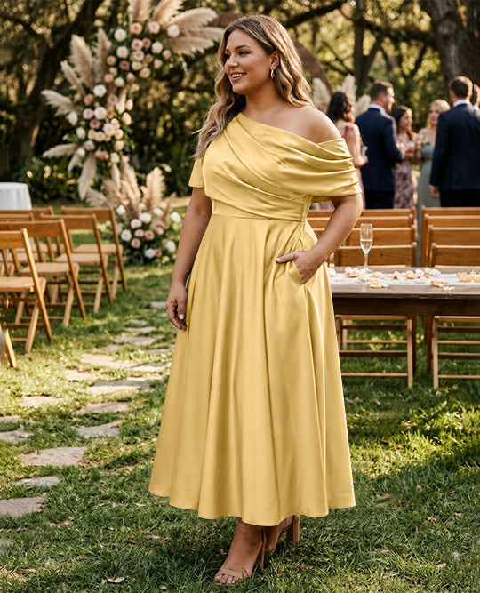 Robe de Mère de la Mariée Grande Taille, Coupe A-Line/Princess, Asymétrique, Manches Mi-Longues, Longueur Cheville, avec Volants