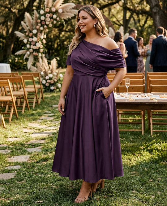 Robe de Mère de la Mariée Grande Taille, Coupe A-Line/Princess, Asymétrique, Manches Mi-Longues, Longueur Cheville, avec Volants