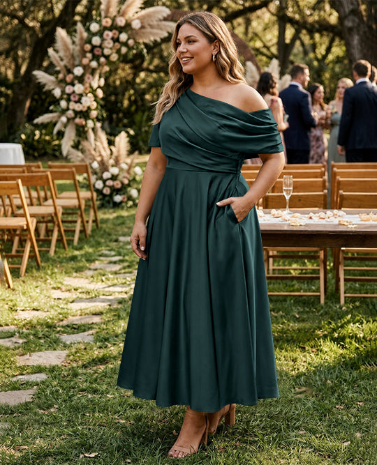 Robe de Mère de la Mariée Grande Taille, Coupe A-Line/Princess, Asymétrique, Manches Mi-Longues, Longueur Cheville, avec Volants