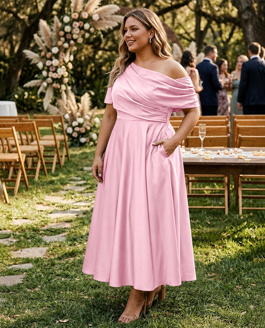 Robe de Mère de la Mariée Grande Taille, Coupe A-Line/Princess, Asymétrique, Manches Mi-Longues, Longueur Cheville, avec Volants