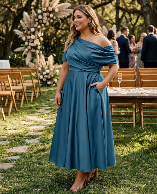 Robe de Mère de la Mariée Grande Taille, Coupe A-Line/Princess, Asymétrique, Manches Mi-Longues, Longueur Cheville, avec Volants