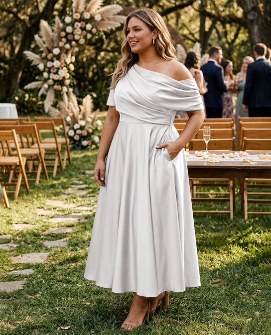 Robe de Mère de la Mariée Grande Taille, Coupe A-Line/Princess, Asymétrique, Manches Mi-Longues, Longueur Cheville, avec Volants