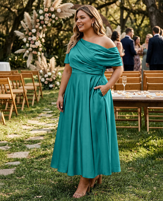 Robe de Mère de la Mariée Grande Taille, Coupe A-Line/Princess, Asymétrique, Manches Mi-Longues, Longueur Cheville, avec Volants