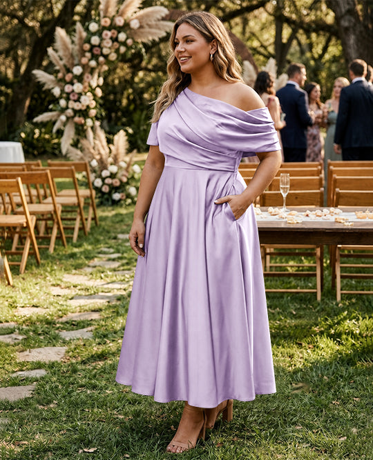 Robe de Mère de la Mariée Grande Taille, Coupe A-Line/Princess, Asymétrique, Manches Mi-Longues, Longueur Cheville, avec Volants