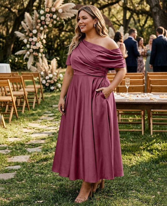Robe de Mère de la Mariée Grande Taille, Coupe A-Line/Princess, Asymétrique, Manches Mi-Longues, Longueur Cheville, avec Volants
