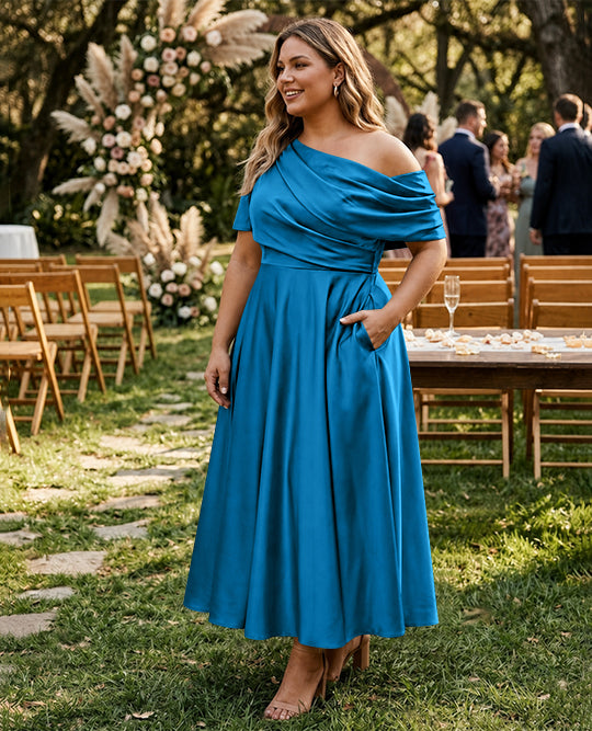 Robe de Mère de la Mariée Grande Taille, Coupe A-Line/Princess, Asymétrique, Manches Mi-Longues, Longueur Cheville, avec Volants