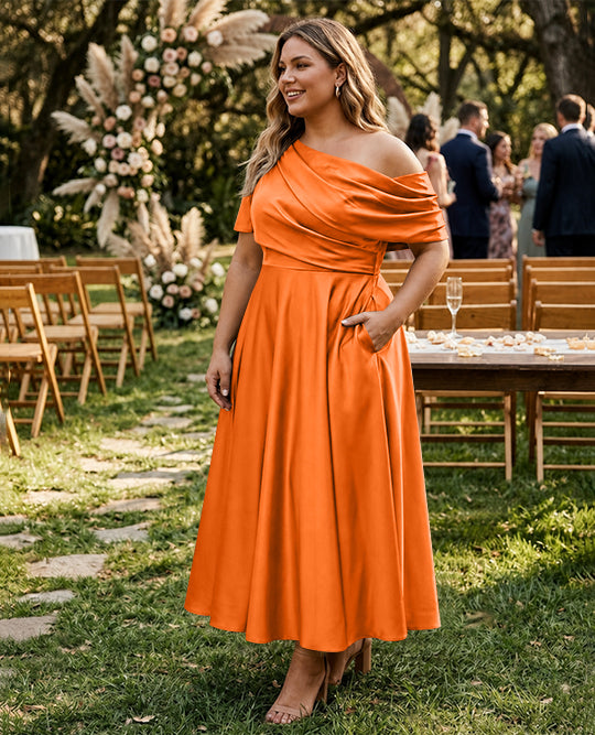 Robe de Mère de la Mariée Grande Taille, Coupe A-Line/Princess, Asymétrique, Manches Mi-Longues, Longueur Cheville, avec Volants