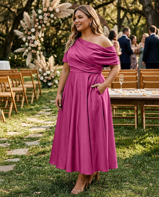 Robe de Mère de la Mariée Grande Taille, Coupe A-Line/Princess, Asymétrique, Manches Mi-Longues, Longueur Cheville, avec Volants