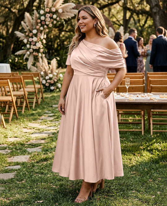 Robe de Mère de la Mariée Grande Taille, Coupe A-Line/Princess, Asymétrique, Manches Mi-Longues, Longueur Cheville, avec Volants